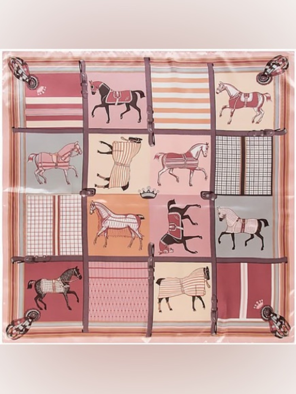 Vintage Equestrian Print Satin Silk Scarf in Light Coral
